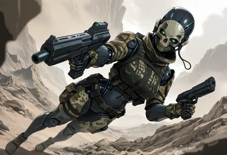 masterpiece, best quality, good quality, very aesthetic, absurdres, newest, 8K, depth of field, focused subject, 
dynamic angle,
in the style of ckgr, 1girl, android, black and white camouflage mask is open, skull gloves, holding a futuristic gun, anime