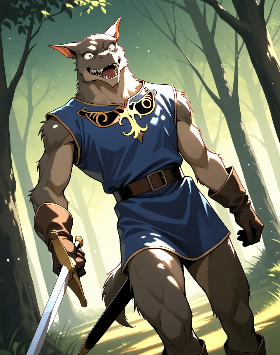 <lora:Kobold_(Record_of_Lodoss_War)_(Illustrious)_(AD):1> kobold, muscular, Record of Lodoss War,
dutch angle, exterior, battleground, dynamic action, dutch angle, fantasy forest, nature landscape,
kobold soldier, no pants, fur tail, furry body, cowboy shot, sword, bent leg, twisted torso, male chest focus, mocking expression,
BREAKvery awe, aesthetically pleasing, masterpiece, best quality, amazing quality, very aesthetic, perfect depth of field shot, masterclass color theory, in'ei, gradient style coloring, source_anime, masterclass anime,
EZRealPONYXL, zPDXL, Smooth Quality, lazympos, IllustQualXL_Pos, lazynsfw,