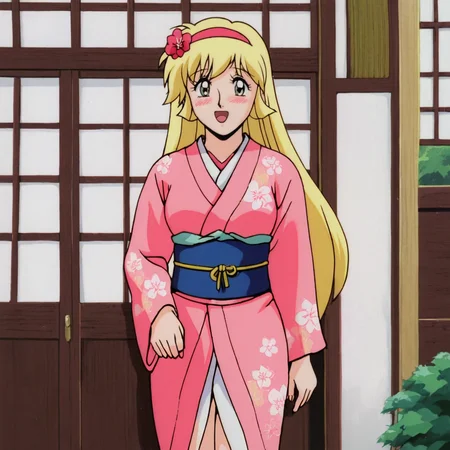 <lora:CutieHoney_pony_v1:.8> Honey, 1girl, blonde hair, retro artstyle, long hair, hairband, jewelry,  1980s (style), 1990s (style), cowboy shot,, japanese clothes, kimono, hair ornament, blush, hair flower, pink kimono, sash, obi, floral print, wide sleeves