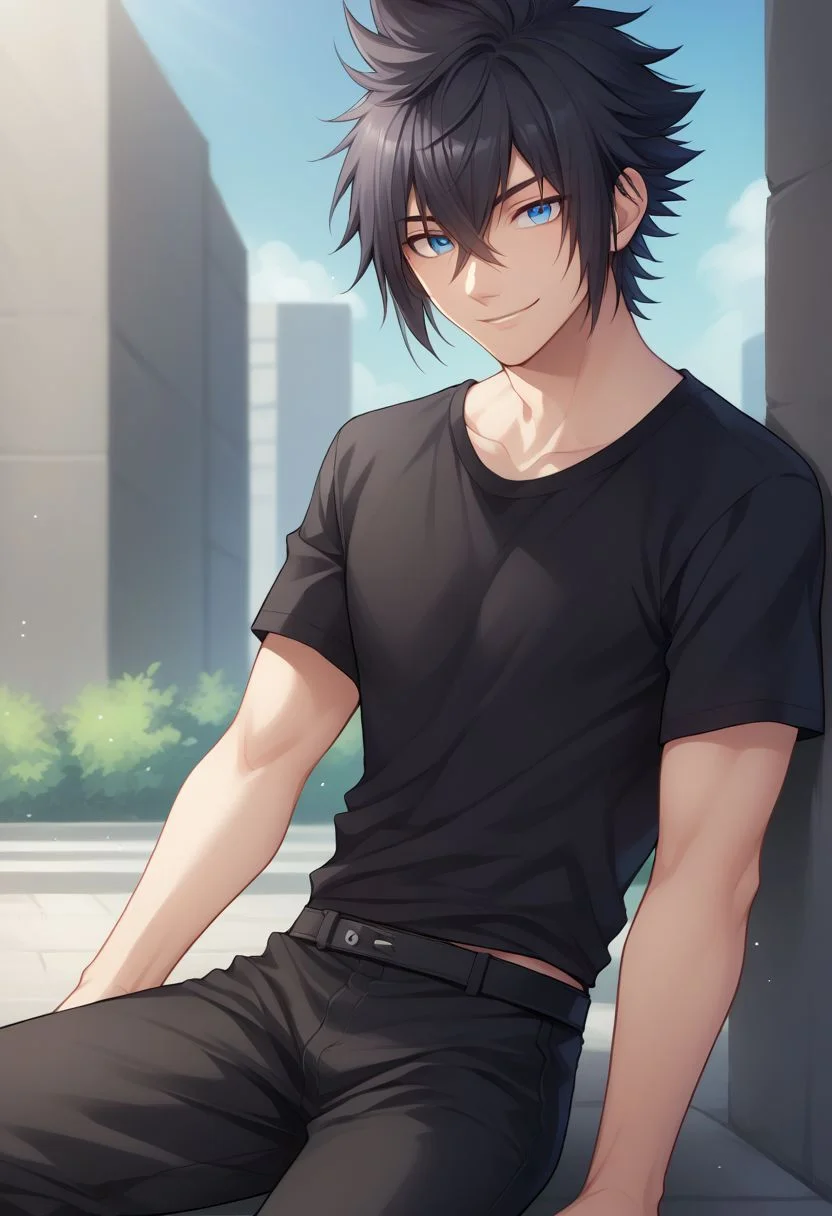 score_9, score_8_up, source_anime, highly detailed, 1boy, solo, male_focus,
noctis, 1boy, male focus, solo, blue eyes, shirt, black hair, spiked hair,
hair between eyes, pants, short sleeves, black pants, smile,
outdoor,