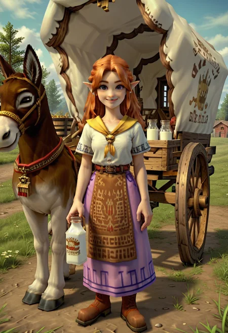 score_9, score_8_up, score_7_up,masterpiece,perfect face,high quality,highly detailed,cremia, 1girl, solo, pointy ears, body, long hair, belt, brown_hair, boots,looking at viewer, smile, on a farm,outside, closed mouth, holding a bottle of milk, wagon, happy, donkey, head tilted upwards