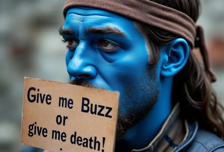 historic William Wallace, in medieval Gaelic warrior face paint blue, close_up, holding sign with text "Give me buzz or give me death"
