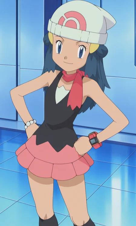 (((best quality))), (((masterpiece))), absurdres, 1girl, solo, official style, anime screencap, pokemon dawn, blue hair, blue eyes, sidelocks, long hair, bare shoulders, beanie, black shirt, black socks, bracelet, hat, jewelry, kneehighs, miniskirt, pink skirt, red scarf, scarf, shirt, skirt, sleeveless, sleeveless shirt, white headwear, hands on own hips, light smile, closed mouth