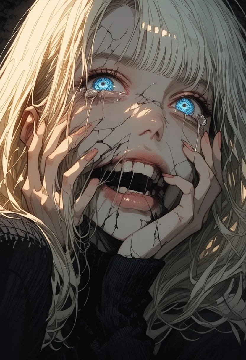 score_9, score_8_up, score_7_up,source_anime,anime,
score_9, score_8_up, score_7_up, Ellie Buckingham, ((Bright Blond hair)), Blond Hair, Blond Bright blue eyes. Very large breasts, torpedo breasts, humongous breasts
1girl,solo,
1girl, qxys, solo, detailed, extreme close up of face, face with too many eyes,too many eyes on mouth, holographic, iridescent, bloom,hand on own face,cracked skin,tears,thermal ,<lora:Dramatic Lighting Slider:1> <lora:holographiccolor:0.4> <lora:Detailer_NoobAI_Incrs_v1:0.5> <lora:ThermalSwirlsILL:0.6> masterpiece, best quality, amazing quality, , (horror \(theme\),:1.2)
flat color, dark theme
sinozick style
g4n1m3