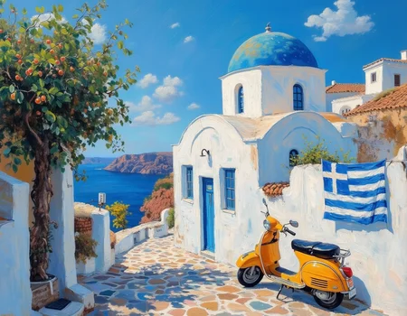 <lora:OBä¸ä¸çºªæ²¹ç»v1.1:1> OByouhua, oil painting
oil painting of greek house, white walls, blue roof, dome roof, greek island, blue sky, majestic, breath taking viewers, olive tree, Greek flag hung on the wall, yellow moped marked on the side,