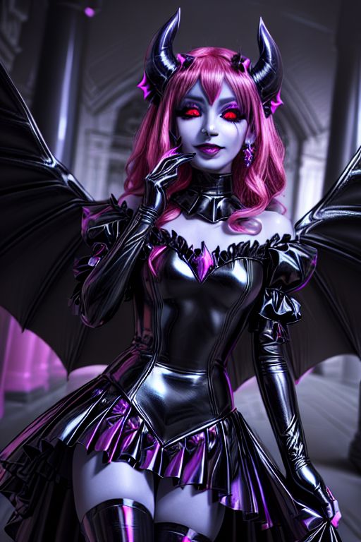 MEvil, DemonicT, EvlSM, Bad_End_Precure, DarkPrecure, adult, evil corrupted princess wearing dark pastel (ruffled:1) (gleaming latex:1)  gown with (long latex cape:1) and latex gauntlets, soft lighting, ruffles,
(makeup, lipstick, mascara, eyeshadow),
(blue skin, black sclera, colored sclera, colored skin, yellow eyes, demon wings, demon horns, slit pupils),
(red eyes, colored skin, glowing eyes, evil smile),
<lora:more_details:1>,