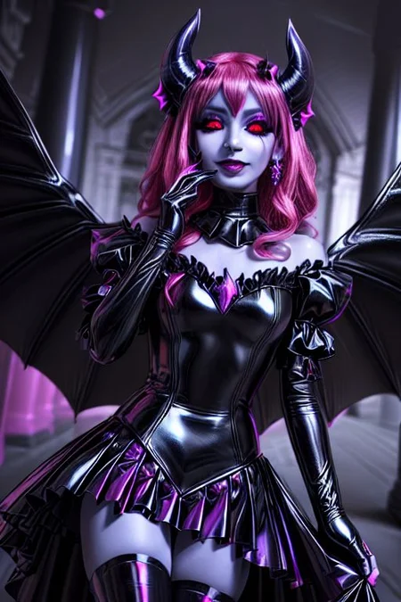 MEvil, DemonicT, EvlSM, Bad_End_Precure, DarkPrecure, adult, evil corrupted princess wearing dark pastel (ruffled:1) (gleaming latex:1) gown with (long latex cape:1) and latex gauntlets, soft lighting, ruffles,
(makeup, lipstick, mascara, eyeshadow),
(blue skin, black sclera, colored sclera, colored skin, yellow eyes, demon wings, demon horns, slit pupils),
(red eyes, colored skin, glowing eyes, evil smile),
<lora:more_details:1>,