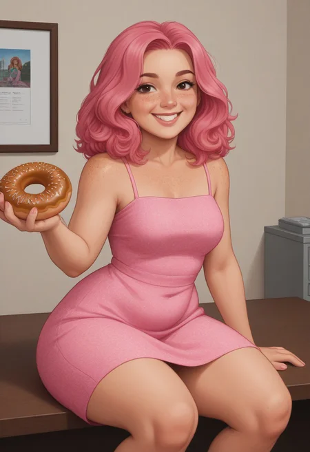 a2dstyle, bold outlines, flat colors, defined shading, illustration, 1girl, pink hair, freckles, PAWG, Thicc, character design, sitting on a donut, pink maxi dress, smile