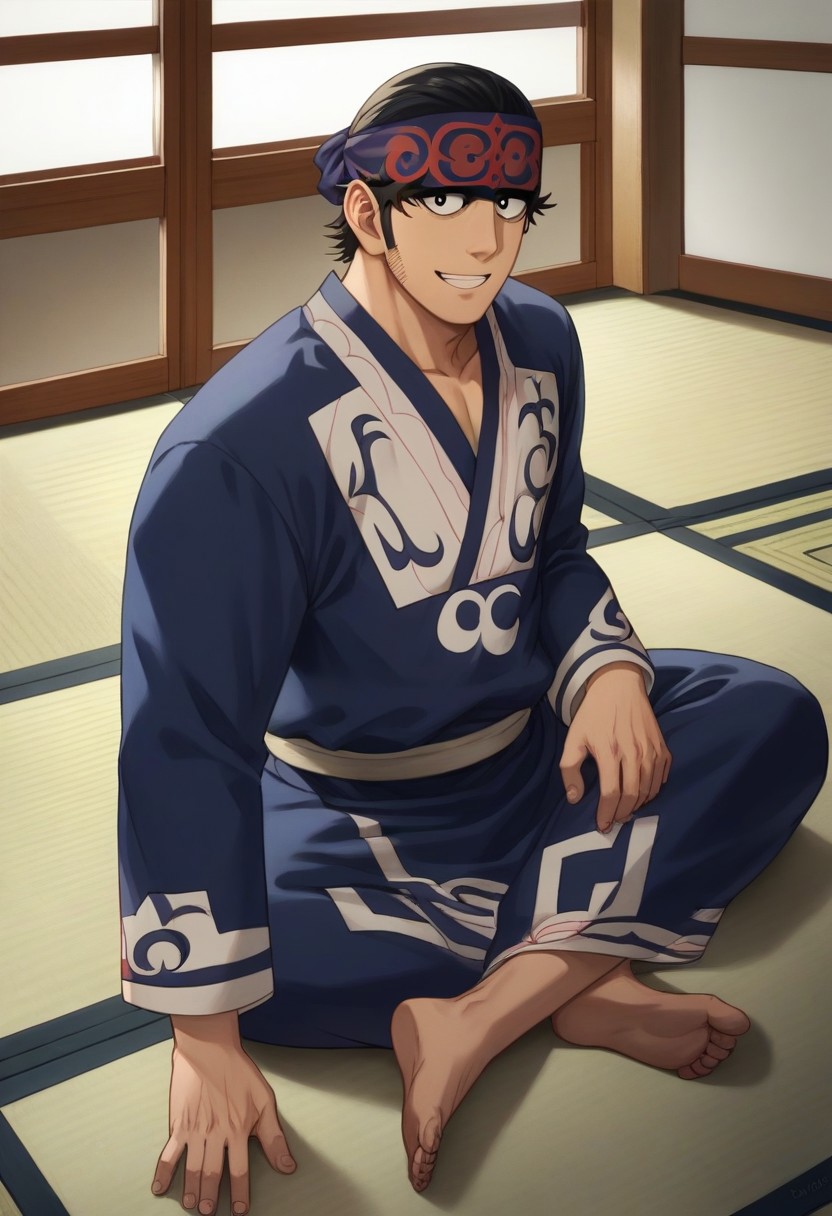 score_9, score_8_up, score_7_up, score_6_up, perfect anatomy, perfect proportions, best quality, masterpiece, high_resolution, high quality, aesthetic, absurdres, (male focus), solo male, adult, mature, masculine, manly, handsome, charming, alluring, sitting on floor, indian style, smile, cowboy shot, dutch angle, source_anime, anime coloring, Kirawus, GKKirawus, black hair, black eyes, long sideburns, Kirawus_outfit01, (black Ainu robe, Ruunpe robe1.2), long sleeves, Ainu pattern, black Ainu headband, Matanpushi \(Ainu headband\), barefoot, indoor, tatami, sliding shoji doors