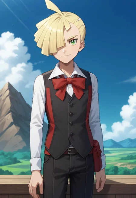 score_9, score_8_up, score_7_up, source_anime, highly detailed,
gladion, blonde hair, 1boy, vest, male focus, pants, hair over one eye, black vest, black pants, solo, shirt, white shirt, green eyes smile, long sleeves,
buttons, short hair, ahoge, belt, bangs, red vest, bow, red bow, looking at viewer,
outdoor, mountains, sky, clouds