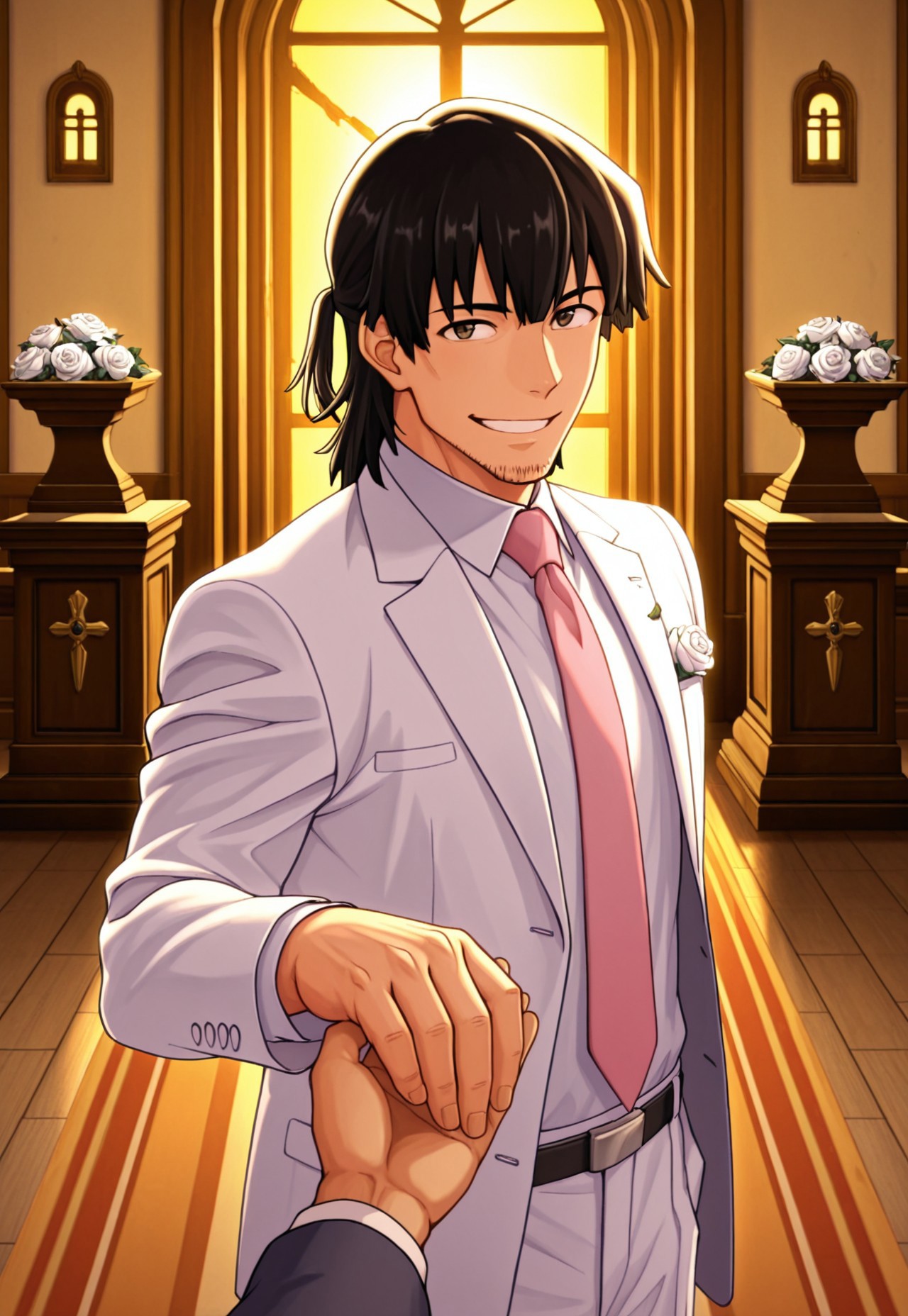 solo, masterpiece, detailed, ultra hd, best quality, 1boy, male, official art, w0lfc0nf, modern, new

FDKurusu, black hair, stubble, pink necktie, white suit, wedding suit, altar. wedding, white rose on suit, holding viewer's hand, romantic, chapel, sunset lighting, looking at viewer, smiling, happy, perfect hands
