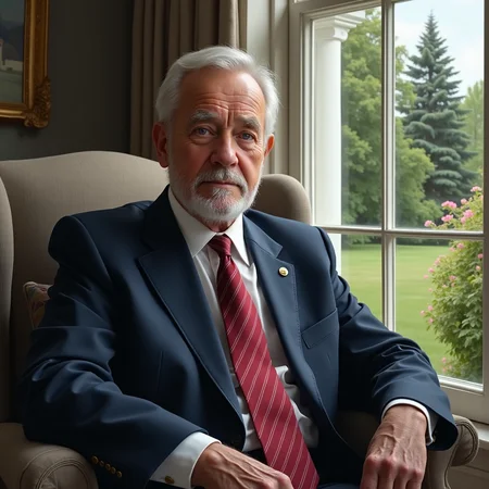 The portrait is a stunning depiction of an elderly man, who appears to be in his late 60s or early 70s, sitting in a room near a window. The man is dressed in a smart, tailored suit, which is a deep navy blue color, and he wears a crisp white shirt and a red tie with thin white stripes. His suit is impeccably pressed, and the tie is tied in a neat, symmetrical knot. His shoes are polished to a high shine, and his socks are a muted gray color that complements his suit.
The man's hair is silver and thinning, but it is styled neatly, and he has a well-groomed beard that is flecked with gray. His eyes are a piercing blue color, and they are full of life and intelligence. His nose is straight and prominent, and his lips are thin but expressive. His skin is weathered and shows the signs of a life well-lived, but it is clear that he takes good care of himself.
The room in which the man is sitting is tastefully decorated, with muted colors and elegant furnishings. There is a plush armchair next to the window, and the man is sitting upright in it, with his back straight and his hands folded in his lap. The window behind him is large and lets in a soft, natural light that illuminates his face and makes his eyes sparkle. The view from the window is of a lush, green garden, with flowers in bloom and tall trees swaying gently in the breeze.
The artist has captured the man's essence perfectly, conveying a sense of wisdom, dignity, and warmth. The portrait is a testament to the man's character and achievements, and it is clear that he is a person of great integrity and substance. The professional portrait is a true masterpiece, and it will be treasured for generations to come.