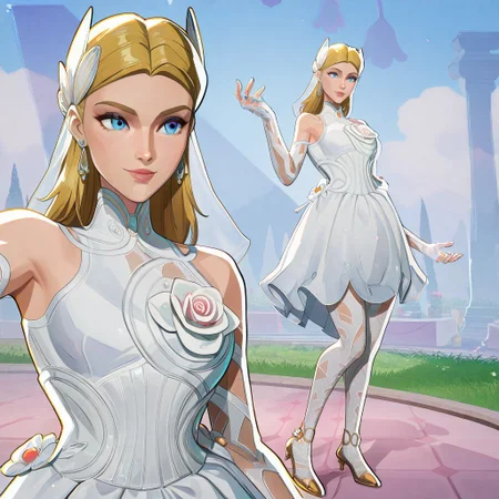 masterpiece, best quality, newest, absurdres, highres, anime, anime style, SueStorm-Lifefantasticskin-V1.0,
wedding dress, wedding veil, veil, white dress, short dress, blonde, bare shoulders, blue eyes, flower, jewelry, long hair, earrings, long hair, high heels,