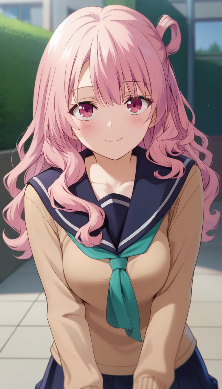 score_9,score_8_up,score_7_up,score_6_up BREAK official art,solo,outdoors,upper body,(portrait:1.5),loosvking at viewer,facing viewer,smile,blush,Usagi Tsukishiro,pink hair,long hair,curly hair,hair rings,single side bun,one side up,sidelocks,hair between eyes,bangs,pink eyes,collarbone,school uniform,black sailor collar,brown cardigan,green neckerchief,long sleeves,medium breasts,skindentation,miniskirt,black skirt,pleated skirt,black socks,loafers,brown footwear,<lora:Usagi Tsukishiro(mlid)-Pony:1.8>,