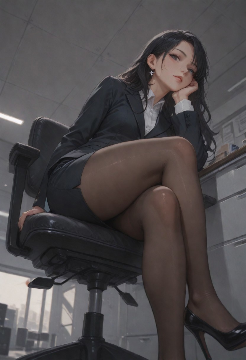 best quality, amazing quality, very  esthetic, newest, scenery, high-resolution, masterpiece, overlooking, looking at viewer, low angle, front side, detail eyes, detail face,
1girl, cool, confident, mature, lure, slutty, no bang, sitting on chair, office chair, cross legs, lay on side, hand on chin, solo ,black hair, long hair, short skirt, black suit, silver earrings, black pantyhose, luster pantyhose, detail pantyhose, high heel, heel apart from shoes,
detail background, senior office, Realistic style, dark, turn off light.