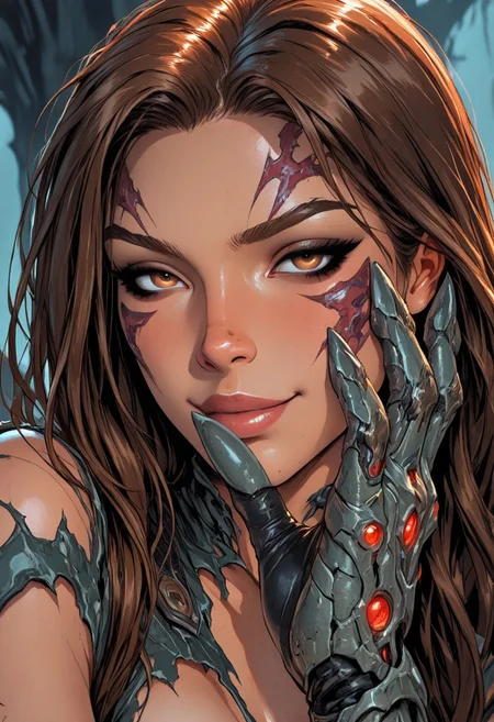highres, very detailed, amazing quality, masterpiece,
very aesthetic,
particle effect,
1girl, witchblades, brown hair, brown eyes, torn clothes, gauntlets, revealing clothes, facial mark,
looking at viewer,
seducing, seductive, flirty, tender, smirk, loving, playful,
Close-up,