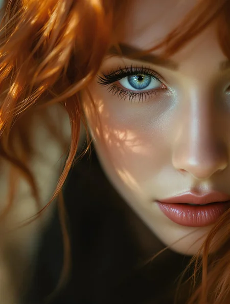 A striking artistic portrait photograph with grainy color diffusion of a close-up beauty shot, the subject making direct eye contact with the viewer with beautiful blue eyes, exuding a sense of connection and quiet confidence. Impeccable makeup artistry highlights perfectly groomed eyebrows, long dramatic eyelashes, and naturally glossed lips, while soft wisps of red hair frame the face in an artfully disheveled manner. Warm, muted tones dominate the color palette, with gentle shadows and highlights creating an ethereal interplay of light across the subject’s features. The composition is angled to add visual intrigue and emotional depth, with selective focus drawing attention to the subject’s face while the background blurs into a warm, neutral haze. The intimate and romantic mood is enhanced by soft, vintage-inspired post-processing that lends a painterly quality to the image. Timeless elegance meets contemporary styling, beauty photography, cinematic portraiture, romantic realism.