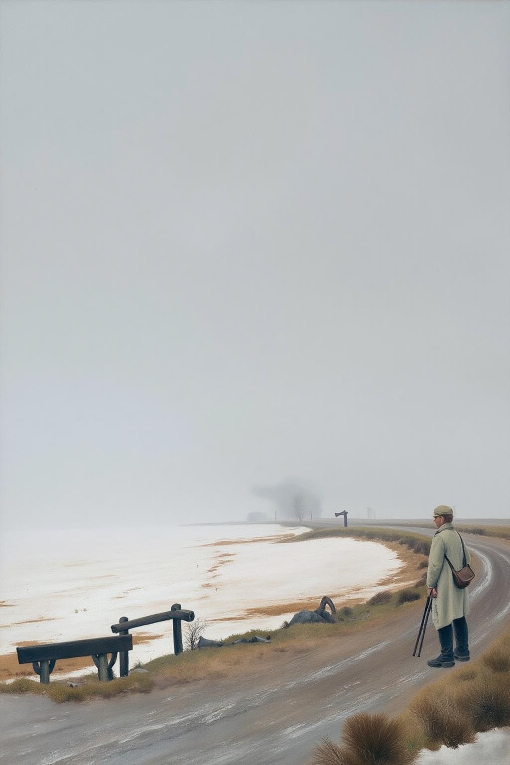 lauritsandersenring1 painting. A winter landscape with a man standing on a dirt path. On the right stands the man, gazing at snow-covered terrain. He wears a long coat and a hat and carries a bag over his shoulder. He is holding a hunting rifle. To his left are a wooden bench and a signpost. <lora:lauritsandersenring1_cap_d8a4e13:1.0><lora:857034585014327907:0>