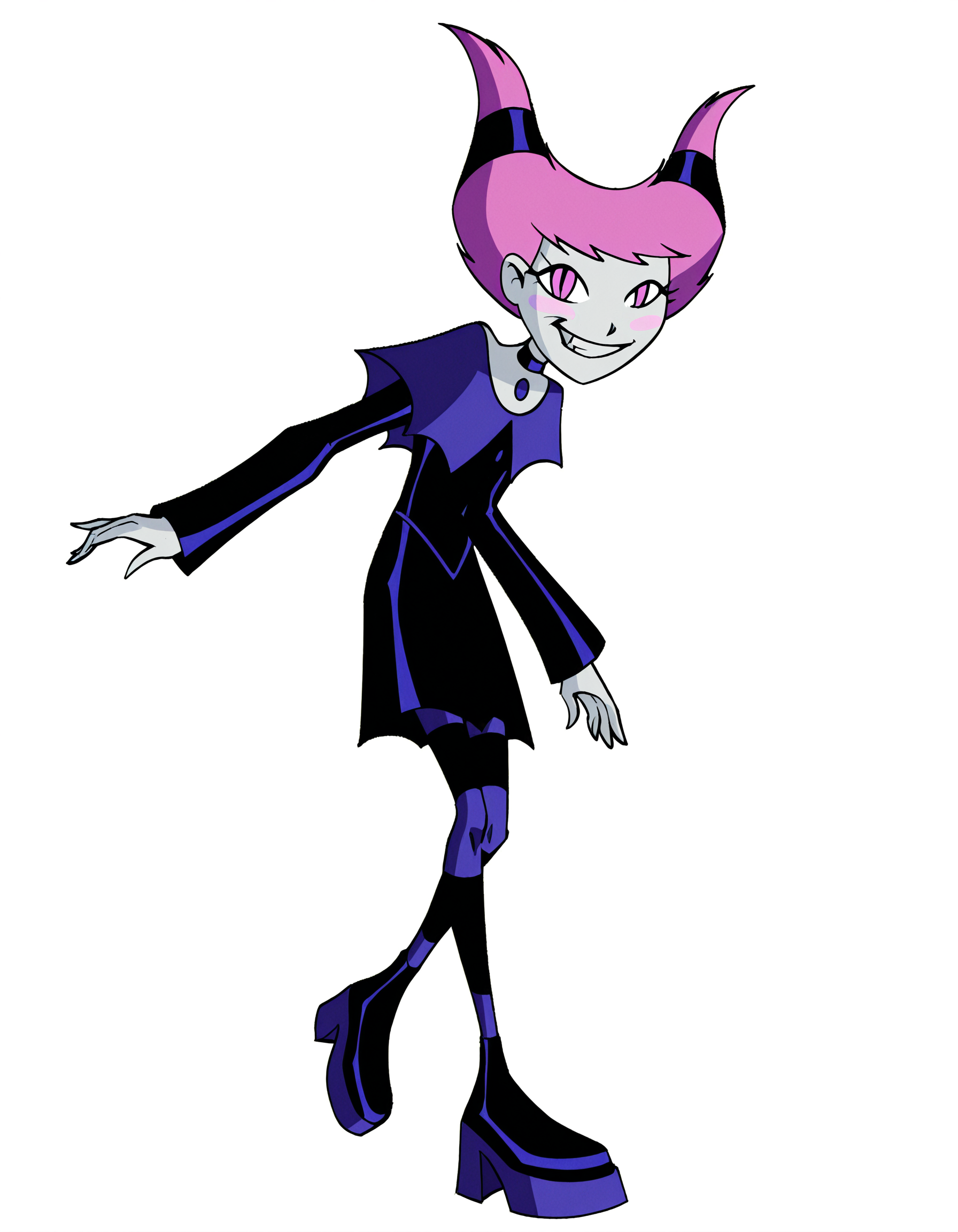 <lora:JinxIllustrious2.0JLFO:1> jinxtt, 1girl, pink hair, capelet, grey skin, hair ties, long sleeves, choker, solo, pink eyes, slit pupils, blush stickers, black dress, chest jewel, looking at viewer, striped pantyhose,platform footwear,smirk, white background, teeth,