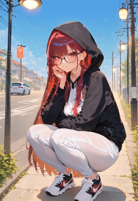 power_lines, red_eyes, sneakers, squatting, telephone_pole, solo, pants, hood, shoes, glasses, long_hair, outdoors, lamppost, earrings, sky, jewelry, looking_at_viewer, long_sleeves, hood_up, fence, detailed, masterpiece, best quality, very aesthetic, absurdres