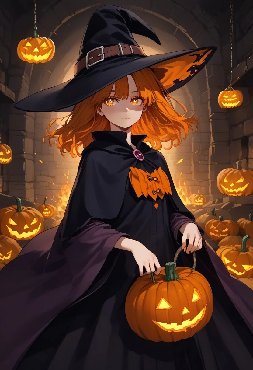 <lora:ratatatat74_style_pdxl_goofy:1>1girl, score_7_up, upscale 2x, (anime-style witch holding glowing pumpkins in her hands. She is wearing an oversized wizard hat and has stylish hair with beautiful eyes. The background is dungeon like cellar with fire-like pumkins floating around her:1.2) (Pumpkin spell:1.3)