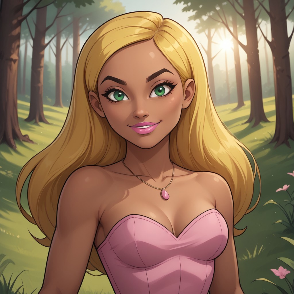 score_9, score_8, BREAK, solo, total drama, 1girl, blonde hair, long hair, dark skin, dark skin female, light pink corset, necklace, green eyes, pointy nose, lips, pink lips, pink jeans, light pink slippers, black eyebrows, lipstick, Dakota_(\Total_Drama\), tdroti, cute, attractive, gorgeous, sexy pose, smile, outdoors, sunlight, shadows, evening lighting, natural lighting, forest, trees, grass, orange sky, sunset