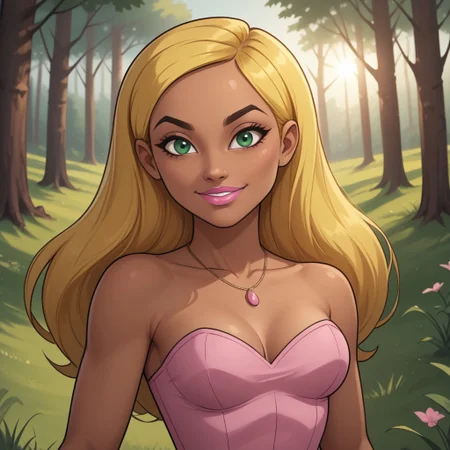 score_9, score_8, BREAK, solo, total drama, 1girl, blonde hair, long hair, dark skin, dark skin female, light pink corset, necklace, green eyes, pointy nose, lips, pink lips, pink jeans, light pink slippers, black eyebrows, lipstick, Dakota_(\Total_Drama\), tdroti, cute, attractive, gorgeous, sexy pose, smile, outdoors, sunlight, shadows, evening lighting, natural lighting, forest, trees, grass, orange sky, sunset