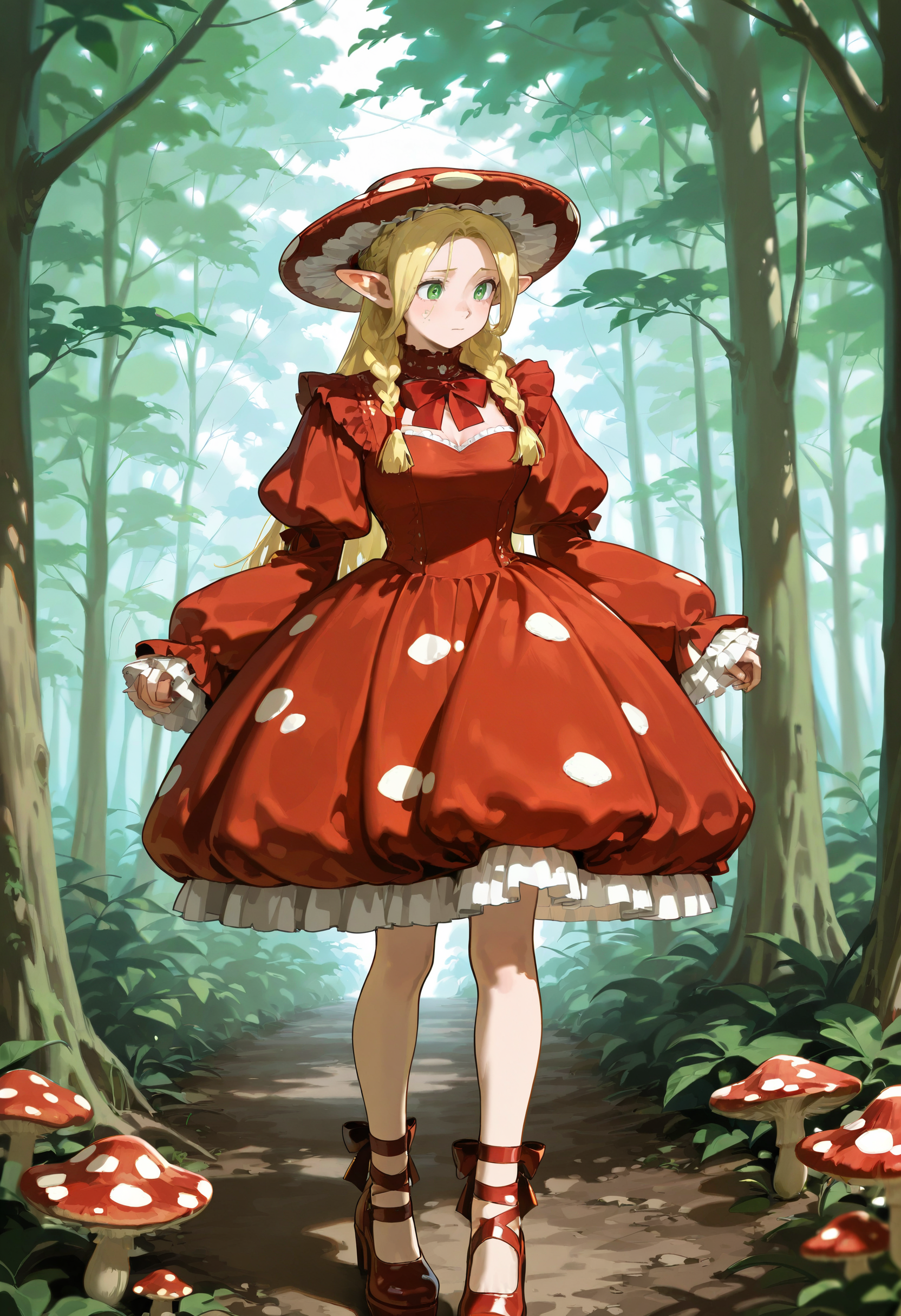 1girl, solo, marcille_donato, red dress, hat, mushroom, frills, red footwear, nature, forest,