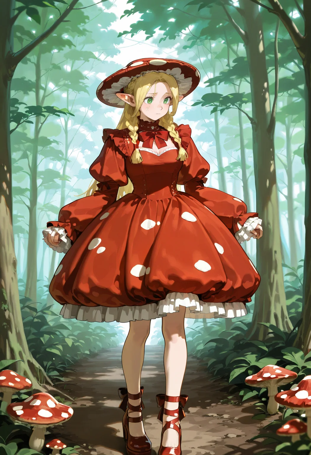 1girl, solo, marcille_donato, red dress, hat, mushroom, frills, red footwear, nature, forest,