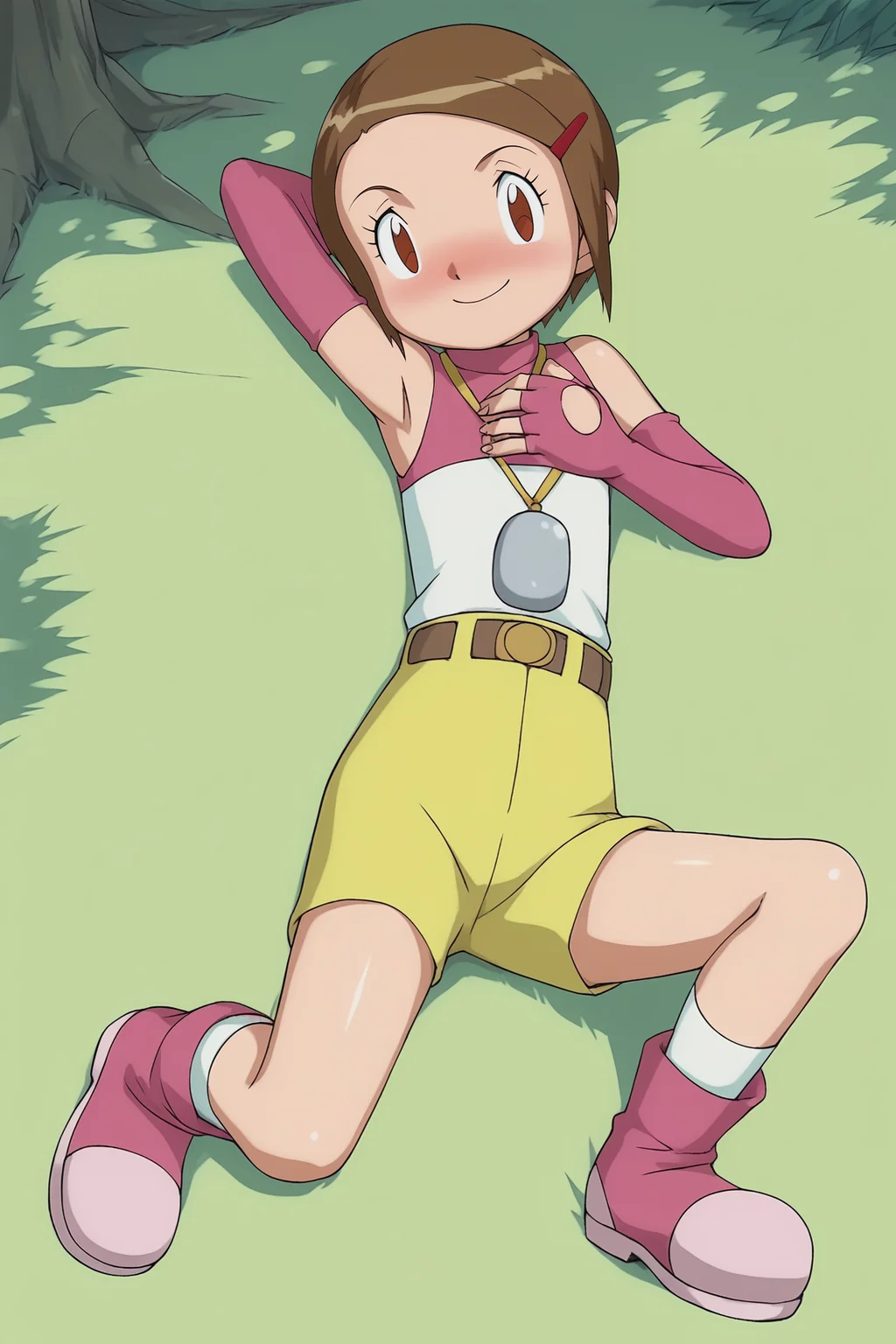 score_9, score_8_up, score_7_up, score_6_up, BREAK, KariDA2PXL, brown eyes, brown hair, short hair, red hairclip, flat chest, yellow necklace, pink shirt, detached sleeves, pink elbow gloves, fingerless gloves, belt, yellow shorts, short shorts, white socks, pink boots, solo, (full body), (lying on grass), on back, arms behind head, seductive smile, looking at viewer, naughty face, nose blush, forest, tree <lora:KariDA2PXL:1>