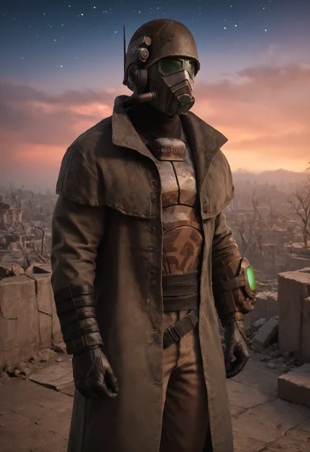 (score_9, score_8_up:1.1), score_7_up, realistic photograph
d3sertranger, helmet, 1boy, (muscular), black gloves, gas mask, front view, night starry_sky sunset city ruins, <lora:desert_ranger_v1.1.6_pony:1>