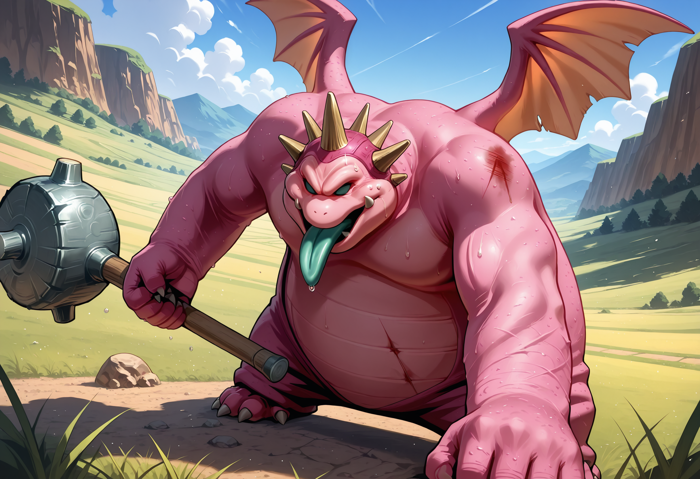 masterpiece,best quality,super detailed,extreme detailed,full_body,day,field,no humans BREAK nightclubber_(dq),holding hammer,horns,tongue out,wings,pink_skin,<lora:nightclubber_(dq)-IL:1>,injury,sweatdrop,