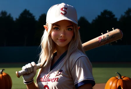 ((cinematic)), score_9, score_8_up, score_7_up, (side view), ((on the field)), baseball court, public, (one eye closed), (cowboy shot:1.3), night time, adult asian elf, college athlete, baseball student, happy, smile, blush, ((pale skin, freckles, sweaty)), cute face, pretty student, medium breasts, sexy woman, baseball top, looking at viewer, detailed cute face, shoulder-long hair, (face focus), detailed perky breasts, solo:1.3, 2000s nostalgia, baseball cap, white gloves,  spiked bat, baseball, halloween, pumpkins