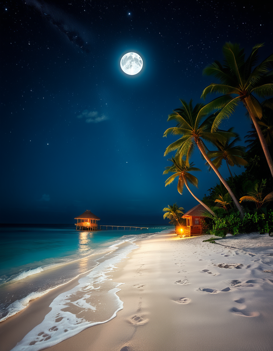 A breathtaking tropical beach at night, illuminated by the soft glow of the moon and twinkling stars. The ocean waves gently lap against the shore, reflecting silver moonlight. Tall palm trees sway slightly in the warm night breeze, their silhouettes contrasting against the deep blue sky. The sand appears smooth and slightly damp, glowing under the moonlight. In the background, distant islands are faintly visible on the horizon, their outlines softened by a light mist. The sky is filled with a mesmerizing display of stars, with the Milky Way faintly visible. The atmosphere is tranquil and serene, evoking a sense of peace and wonder. The image has a high level of detail, realistic textures, and a dreamy cinematic quality.
<lora:SDXLFaeTastic2400:0.4> <lora:extremely_detailed:0.4> extremely detailed,  <lora:tropical_beach_4t_n1ght:1>,tropical beach 4t n1ght, Masterpiece,best quality,hi res,8k,hi res,8k,award winning,(sharp focus, intricate, highly detailed),