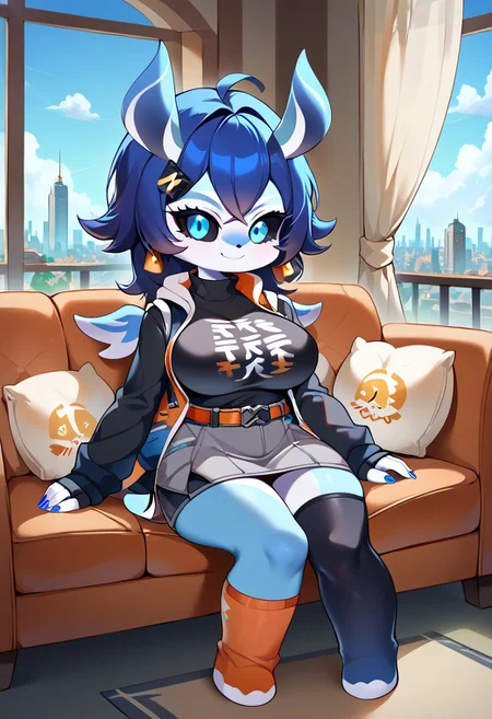 score_9, score_8_up, source_anime, source_furry, full body, 1futa, solo, mature female, curvy, (large breasts:1.5), (large bulge:1.2), (long hair:1.5), (bright blue eyes:1.5), (black sclera:1.5), glowing eyes, (blue nails:1.5), belle, blue hair, hair ornament, belt, black shirt, black thighhighs, clothes writing, earrings, fingerless gloves, gloves, grey shorts, jewelry, long sleeves, orange belt, orange flower, orange socks, shirt, single fingerless glove, single thighhigh, jacket, hoodie, turtleneck, melusine, straight ears, stubby tail, wings, blue skin, crossed bangs, flipped hair, chibi, smile, sitting on couch, sexy pose, seductive look, room, window, curtains, cityscape, blue sky