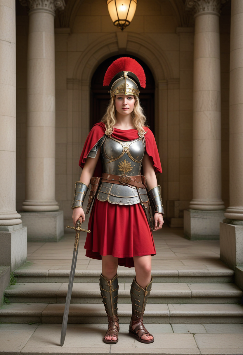 (medium full shot) of (vivacious roman soldier) young woman, kinky blonde hair, green eyes, fair skin, busty build,   centurion, wearing Corbridge helmet with red transverse crest, mail armor, red tunic, leather belt with pteruges, iron greaves, leather sandals, holding vine staff with brass knob, set in ancient roman empire era,  Senate House, imposing building with stone steps, grand entrance, senators in togas debating, marble statues, a domed ceiling , at night, laughing, arms crossed, Masterpiece,best quality, photorealistic, amazing quality, very aesthetic, extremely detailed face,