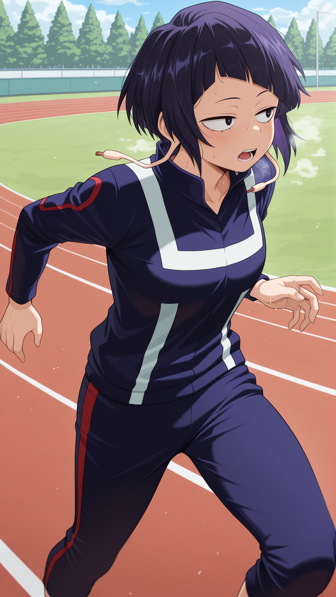 masterpiece, best quality, absurdres, amazing quality,  1girl, solo, <lora:IlluJirou:1> illujiro, short hair, bangs, long earlobes, purple hair, black hair, black eyes, (u.a. gym uniform:1.5), long sleeves, pants, outdoors, sweat, running track, sweat, looking ahead, heavy breathing, open mouth,
