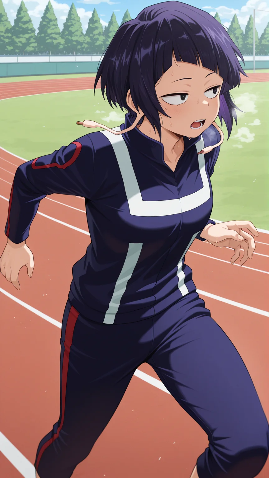 masterpiece, best quality, absurdres, amazing quality,  1girl, solo, <lora:IlluJirou:1> illujiro, short hair, bangs, long earlobes, purple hair, black hair, black eyes, (u.a. gym uniform:1.5), long sleeves, pants, outdoors, sweat, running track, sweat, looking ahead, heavy breathing, open mouth,