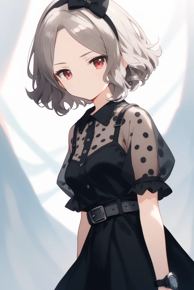 (score_9,score_8_up,score_7_up, ),
<lora:GBC_TOMO_v2_pony-000030:1>,GBC_TOMO,1girl,solo,red eyes,short hair,wavy hair,brown hair,short sleeves,puffy sleeves,polka dot short sleeve,black skirt,see-through sleeves,gray hairband,gray hair bow,black watch,bow hairband,wristwatch,belt,buckle,looking at viewer,closed mouth,upper body,expressionless,standing,arms at sides,shiny hair,black dress,medium breasts,
simple_background,white_background,