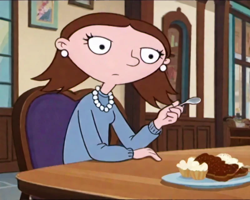 1girl, solo, ruthp, brown hair, black eyes, earrings, necklace, sitting, glancing, table, holding spoon, food, indoors, school hall, casual, best quality, cartoon screencap, <lora:ruthp:1>,