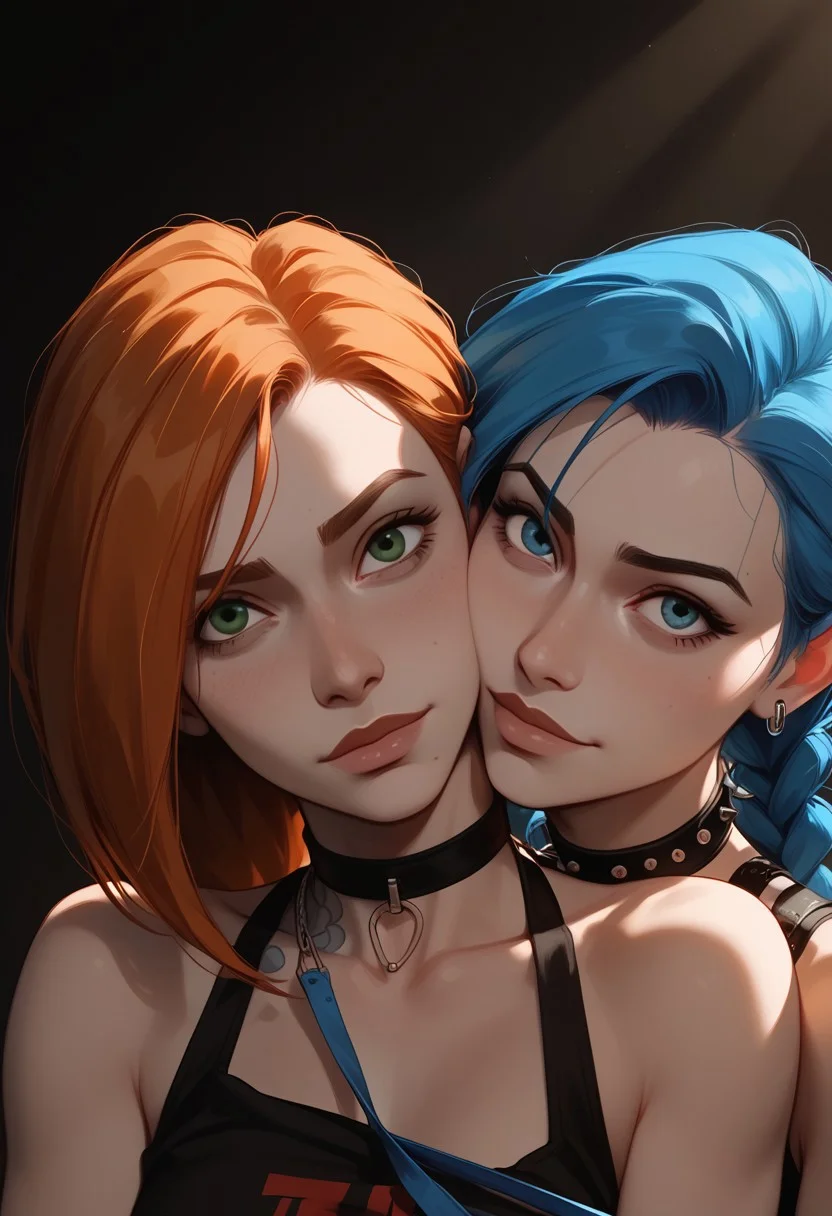 score_10, score_9, score_8, score_7, score_8_up, dark background, god rays, ((2girls)), multiple girls, jinx, (jinx, blue eyes, blue hair), (1petite, Kim Possible, green eyes), Expressiveh, redhead, small neck, blushing, (long hair, midriff, navel), medium hair, jewelry, piercings, lip piercing, leash, (close up view), (((looking at viewer))), ((lustful look)), (heavy breathing, visible motion lines, visible breath)), (looking at viewer lustfully, slight smile, ((hugging each other while looking at viewer)), (((up close view))), ((focus on faces)), (((front view))),