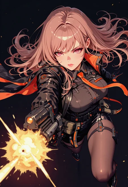 masterpiece, best quality, good quality, very aesthetic, absurdres, newest, 8K, depth of field, focused subject, in the style of cknc, artist:moriimee, in the style of cksc, BREAK side portrait of Rapi (Nikke Goddess of Victory), classic outfit, firing railgun, dynamic pose, action pose, dark background, silhouetted, directional lighting, viewed from above
