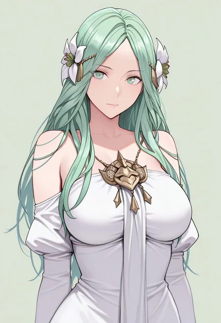 masterpiece, best quality, crimsonj-girl.fightil, 
  1girl, solo, SnowRhea, long hair, green hair, hair flower, hair ornament, green eyes, white dress, bare shoulders, large breasts,
looking at viewer
simple background, perfect anatomy,
