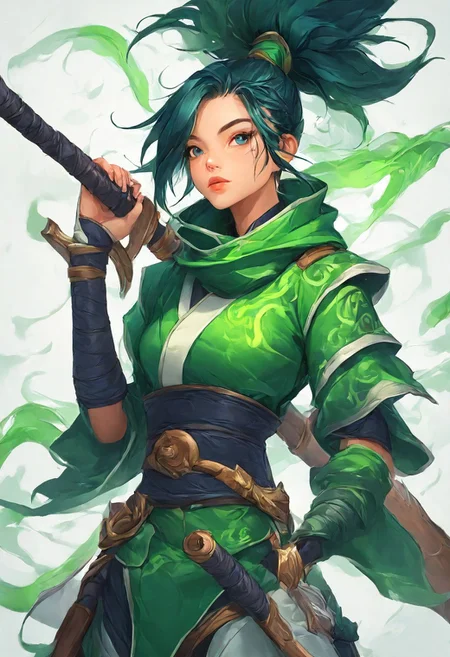 FF Style, masterpiece (quality), clean background, 1girl, green ninja outfit, akali (league of legends), holding weapons <lora:PaintingAnimeStyleIllustriousV1:0.75>