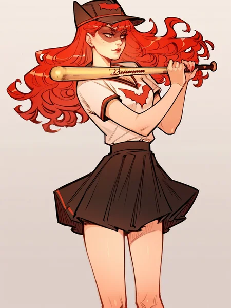 score_9, score_8_up, score_7_up, score_6_up, score_5_up, <lora:B4twomanXLP:1> b4twoman, 1girl, solo, red hair, long hair, hat, baseball bat, skirt, shirt
