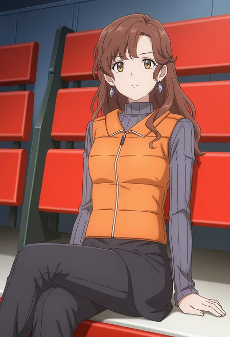 <lora:Takamine Hitomi_v1-000020:1>,
Takamine Hitomi,ribbed sweater,1girl,solo,earrings,brown hair,long hair,orange vest,closed mouth,yellow eyes,turtleneck,frown,turtleneck sweater,cowboy_shot,black skirt,sitting,crossed_legs,black pants,bleachers