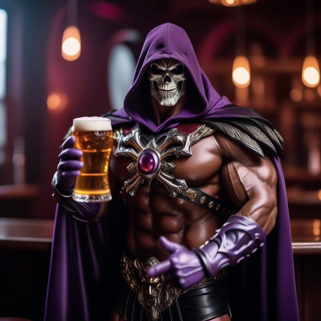 cinematic photo a muscular man, purple cape, cloak, holds a club, having a beer in a pub <lora:Skeletor1024-000190:0.8> . 35mm photograph, film, bokeh, professional, 4k, highly detailed