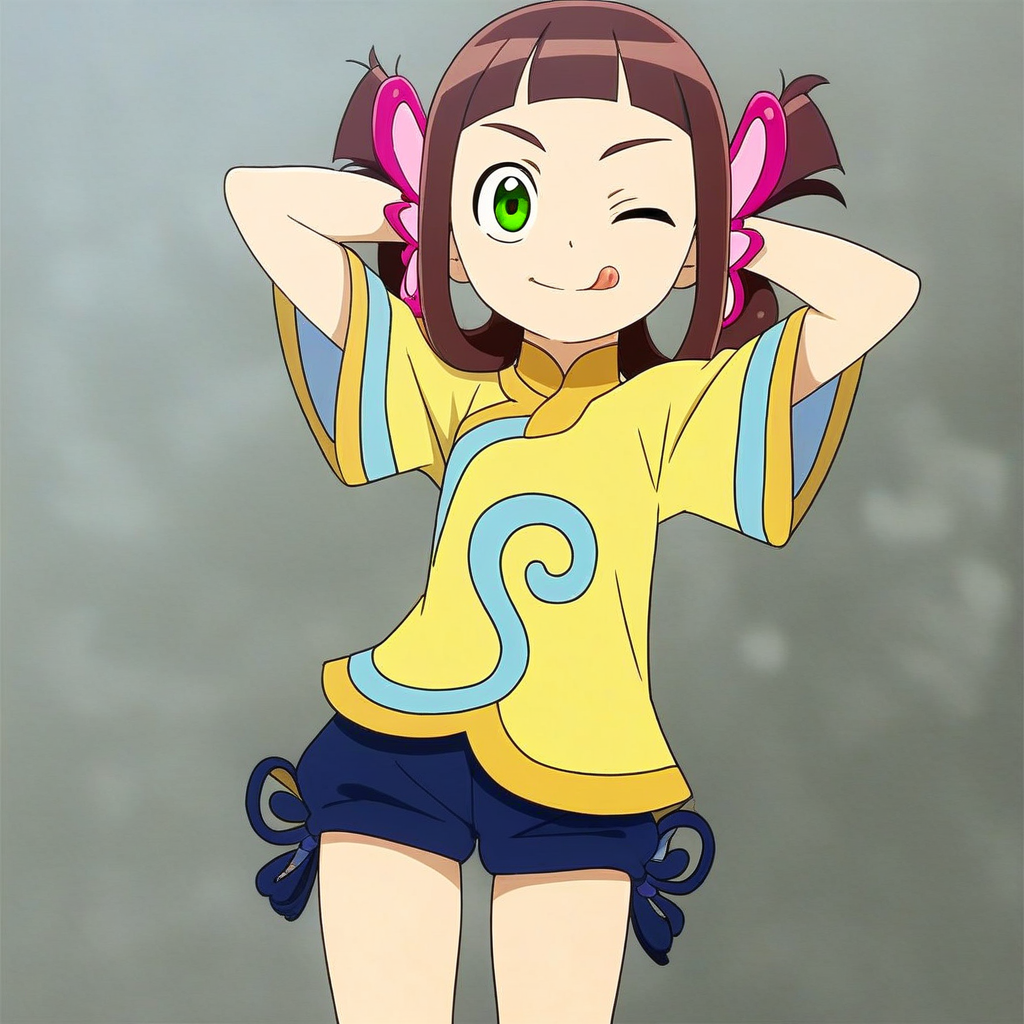 score_9, solo, lilia_mhs, 1girl, brown hair, hair rings, hair ornament, bangs, green eyes, shirt, shorts, one eye closed, arms behind head, tongue
