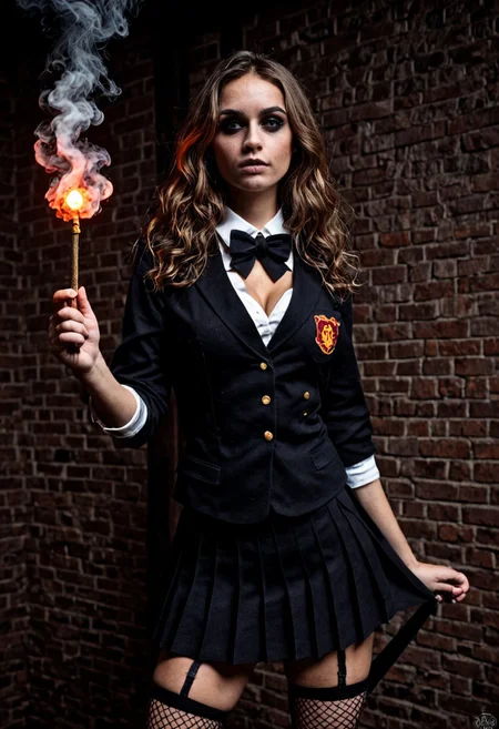 Hermione granger 21 years old , thick black eyelashes, black eyeliner, dark eyeshadow, neon hair, brown hair, Hogwarts school uniform, cleavage, short skirt, thighs, fishnets, bedroom eyes, glowing hair, glowing eyes, holding a wand, Hogwarts background, smoke, fog , <lora:Expressive_H:0.8> expressiveh   <lora:g0th1cXL:0.7> g0thicPXL, glowing, neon , (((small breats))),
