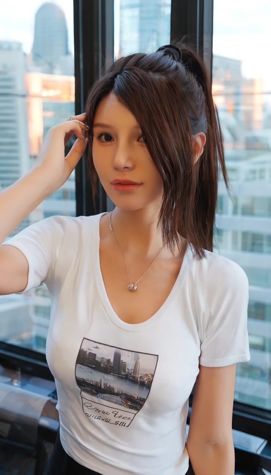 score_9, score_8_up, score_7_up, score_6_up,  score_5_up, score_4_up, photo realistic, (realistic:1.2), hyperrealistic, ultra detailed, highly detailed, detailed skin, photorealistic,
(ssugar008 mm girl:1.35), 1girl,  (brown hair:1.35), black eyes, medium breasts, long hair, jewelry, ring, necklace, ponytail,
blurry background, window, city, t-shirt,
looking at viewer, standing, upper body, close up